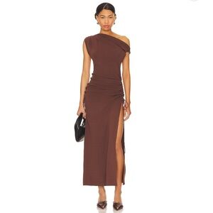 Lioness Original Sin Midi Dress in Chocolate Elegant Brown One-Shoulder Dress